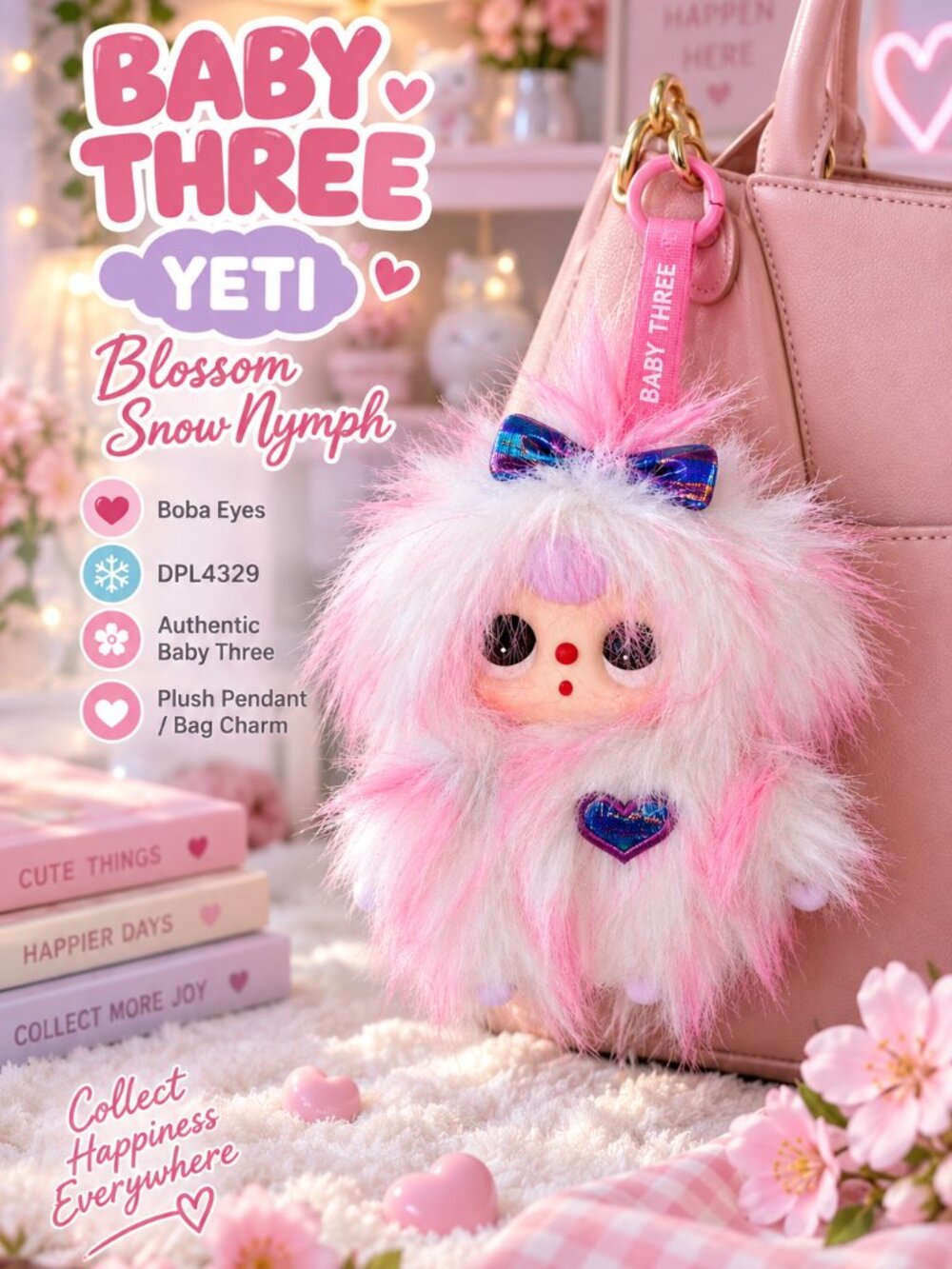 Baby Three Yeti Blossom Snow Nymph Boba Eyes Pink White Plush